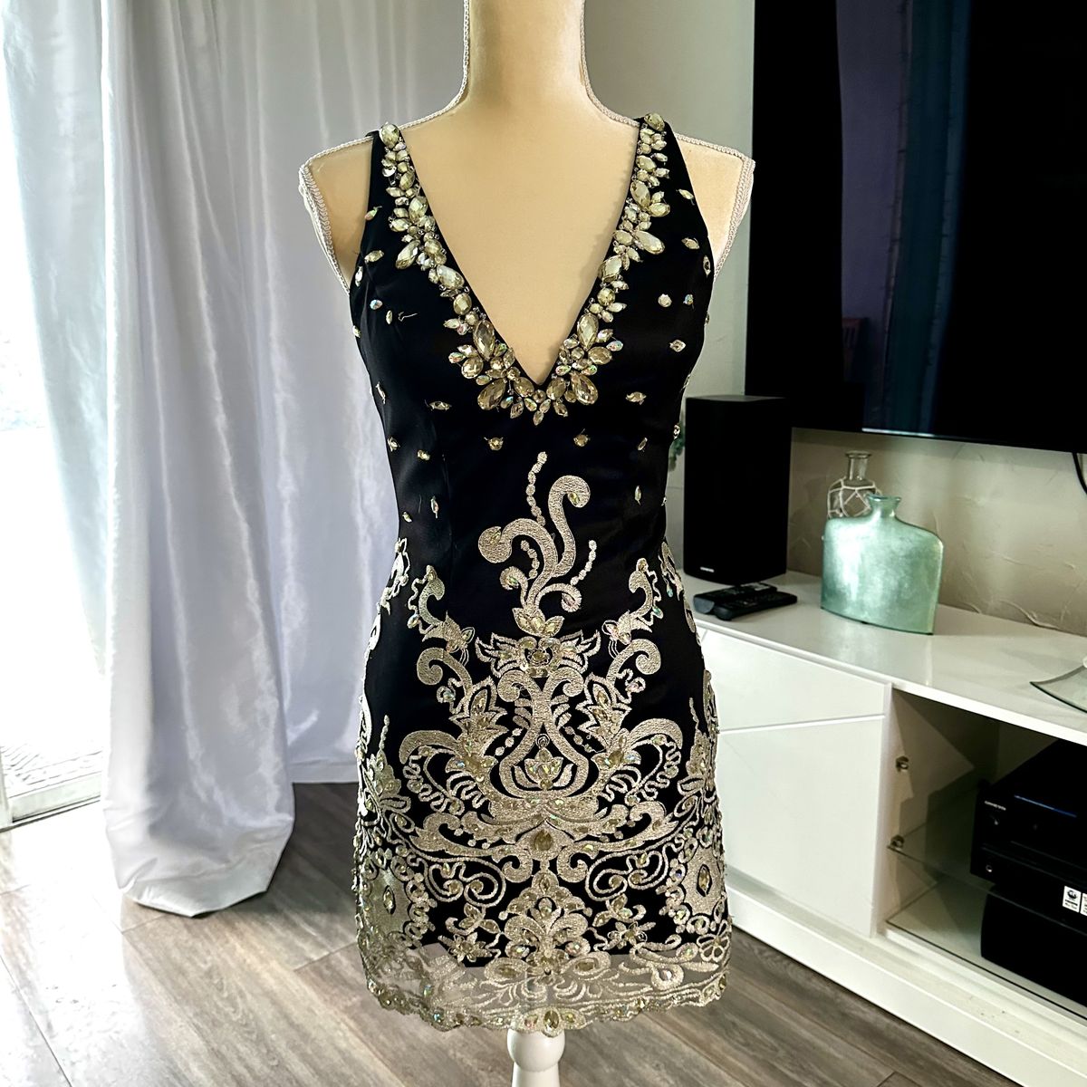 Jovani Size 4 Prom Plunge Lace Black Cocktail Dress on Queenly