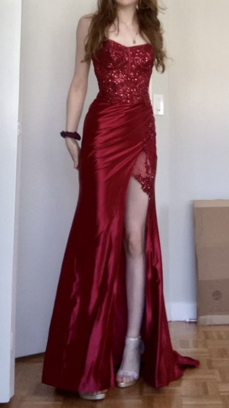 Cinderella Divine Size 6 Prom Strapless Satin Burgundy Red Side Slit Dress on Queenly