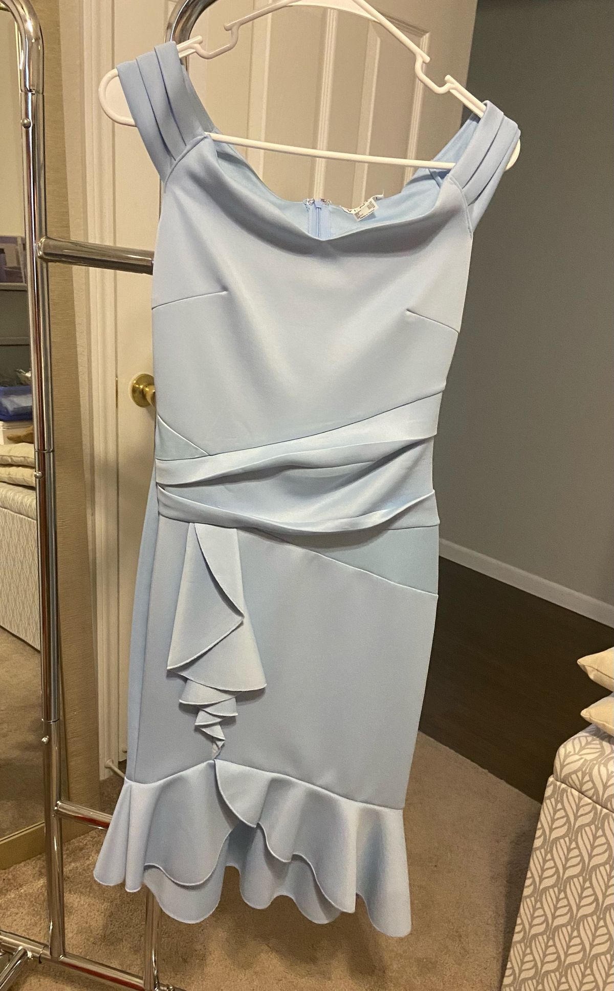 Venus Size XS Wedding Guest Off The Shoulder Light Blue A-line Dress on Queenly