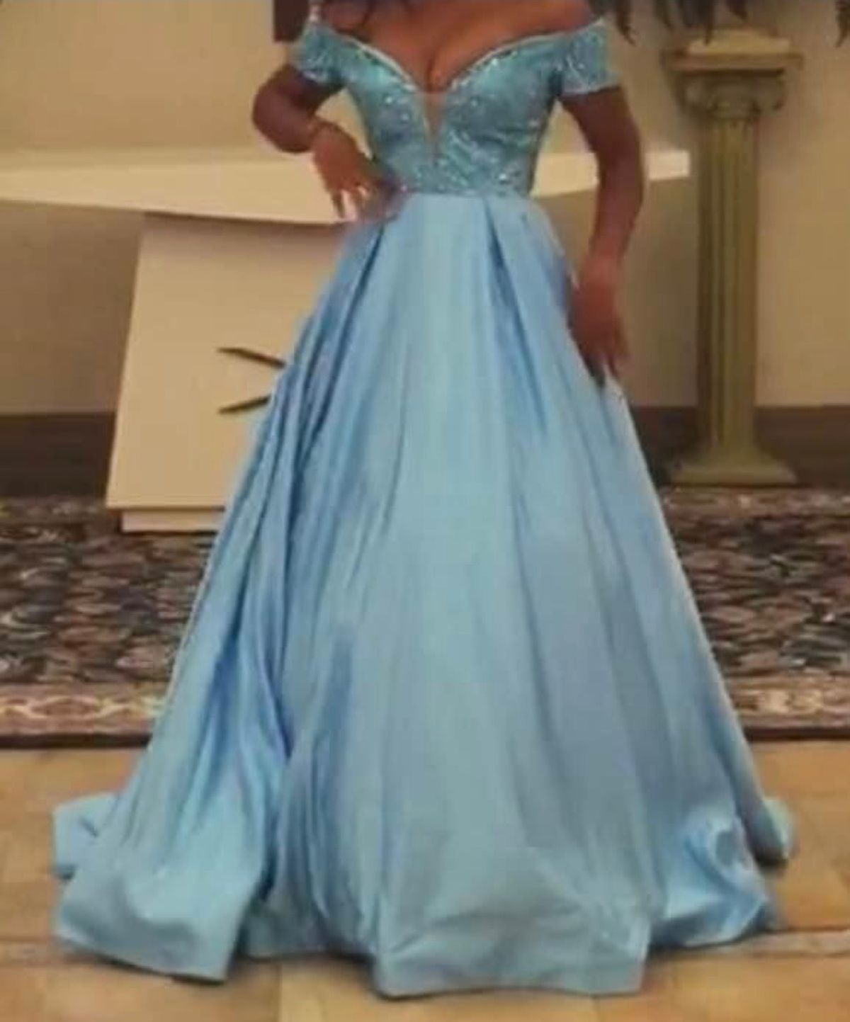Sherri Hill Size 4 Prom Off The Shoulder Sequined Light Blue Ball Gown on Queenly