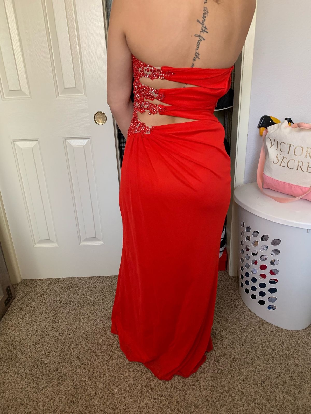 Size 2 Bridesmaid Strapless Satin Red Side Slit Dress on Queenly