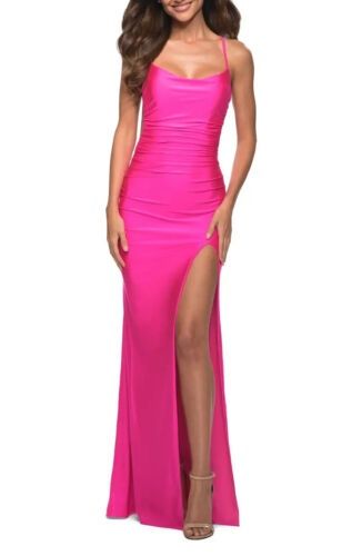 La Femme Size 6 Prom Satin Hot Pink Side Slit Dress on Queenly
