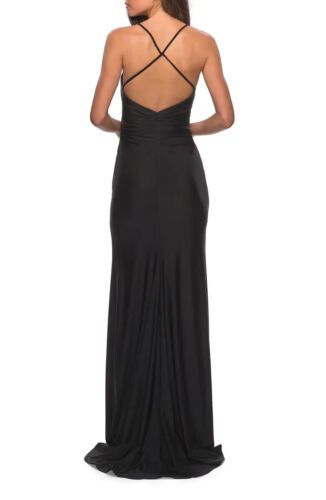 La Femme Size 4 Bridesmaid Satin Black Side Slit Dress on Queenly