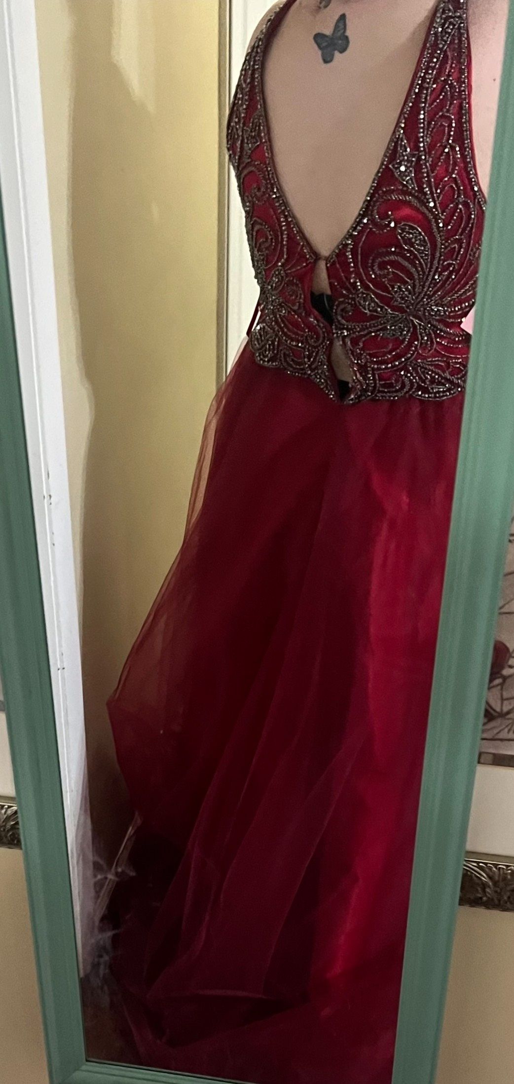 Plus Size 16 Prom Plunge Sequined Burgundy Red Ball Gown on Queenly