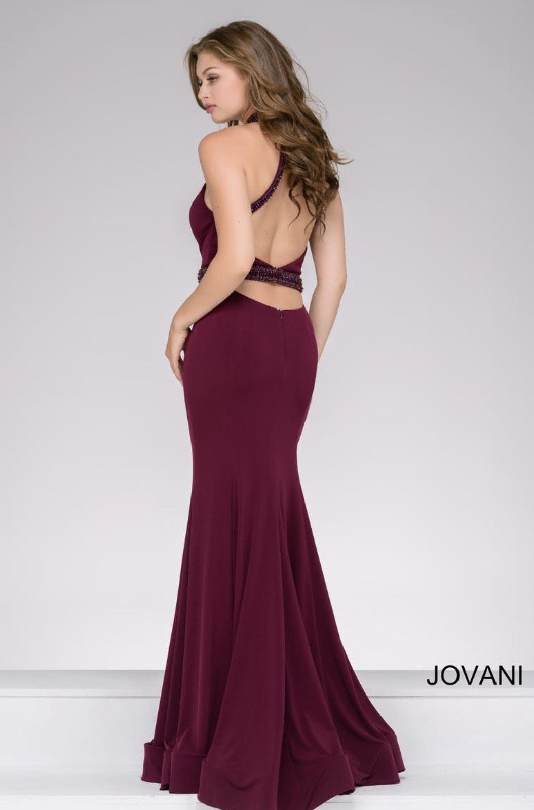 Jovani Size 8 Prom Halter Sequined Burgundy Red Mermaid Dress on Queenly