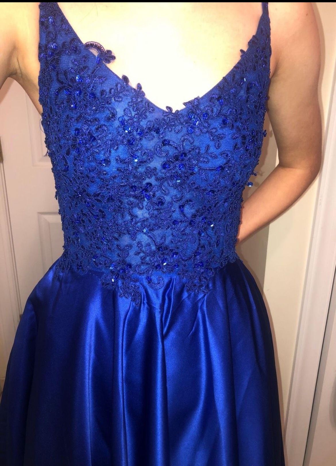 Size 0 Lace Blue A-line Dress on Queenly