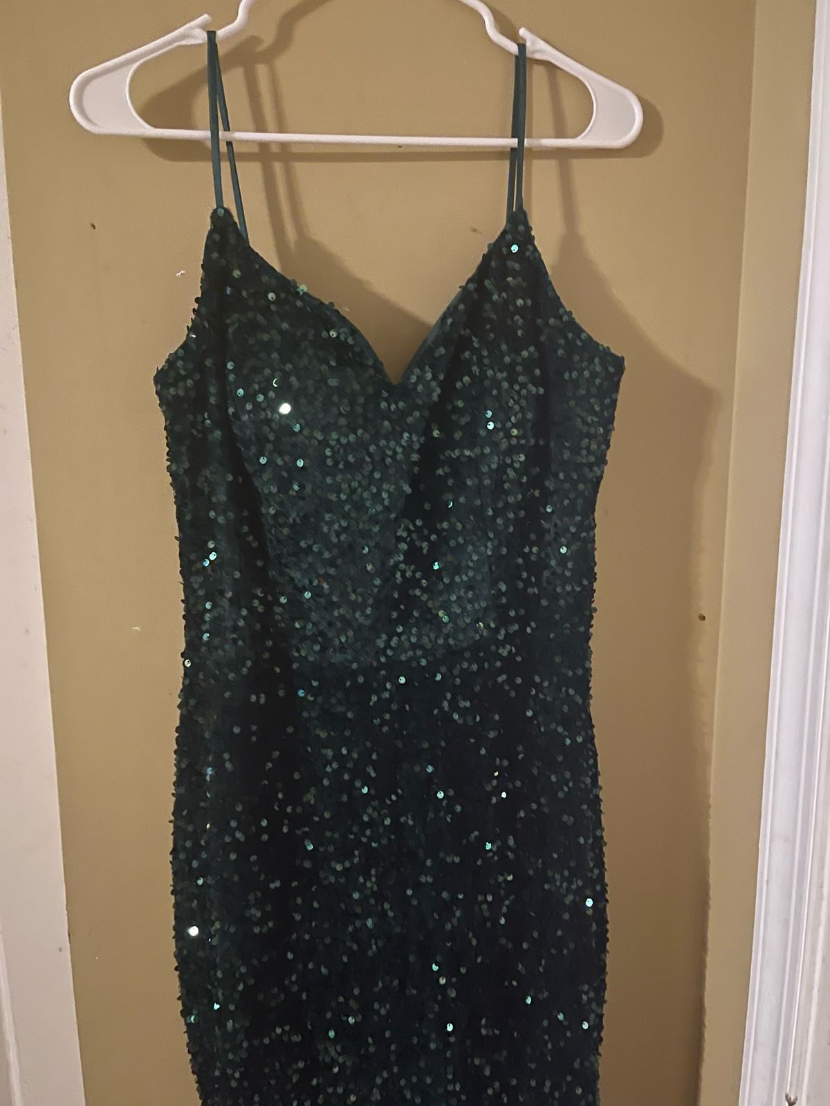 Size 14 Prom Sequined Green Floor Length Maxi on Queenly