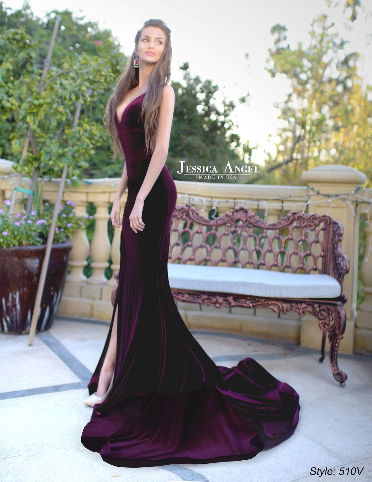 Style 510V Jessica Angel Size 4 Plunge Velvet Burgundy Purple Side Slit Dress on Queenly