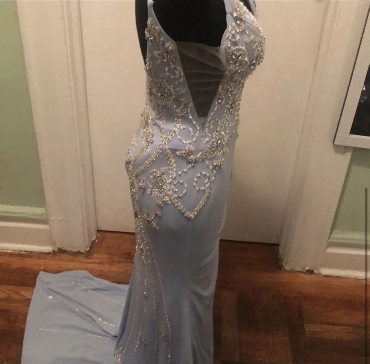 Jovani Size 6 Prom Plunge Sequined Light Blue Mermaid Dress on Queenly