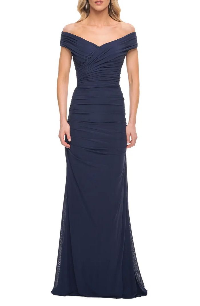 La Femme Size 6 Off The Shoulder Navy Blue A-line Dress on Queenly