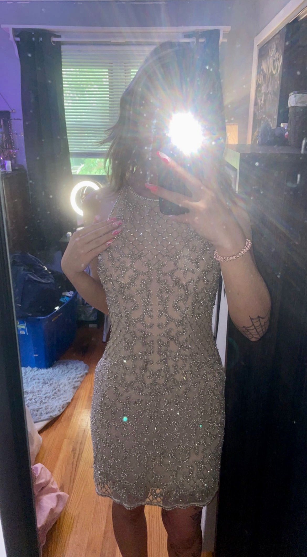 Sherri Hill Size 6 Bridesmaid Halter Sequined Nude Cocktail Dress on Queenly