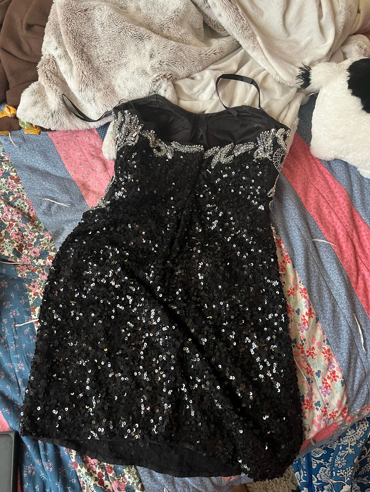 Scala Size 6 Prom Strapless Sequined Black Cocktail Dress on Queenly
