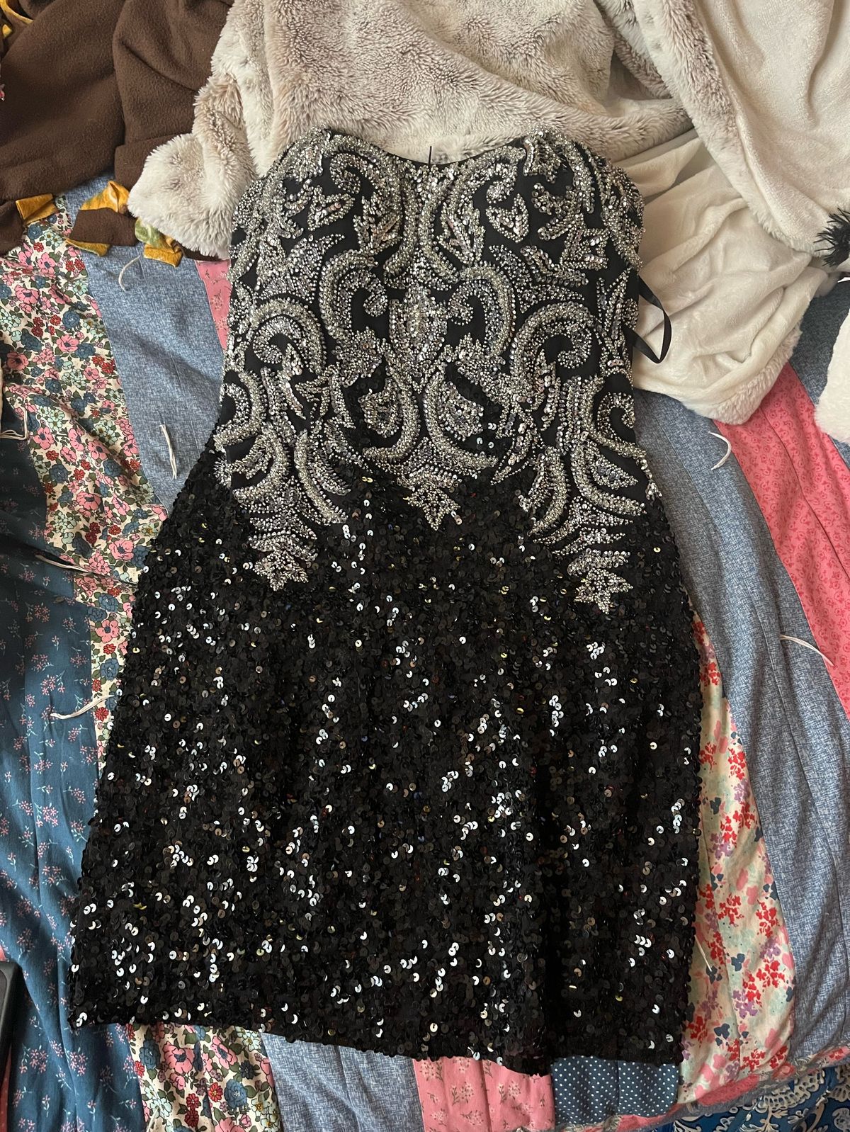 Scala Size 6 Prom Strapless Sequined Black Cocktail Dress on Queenly