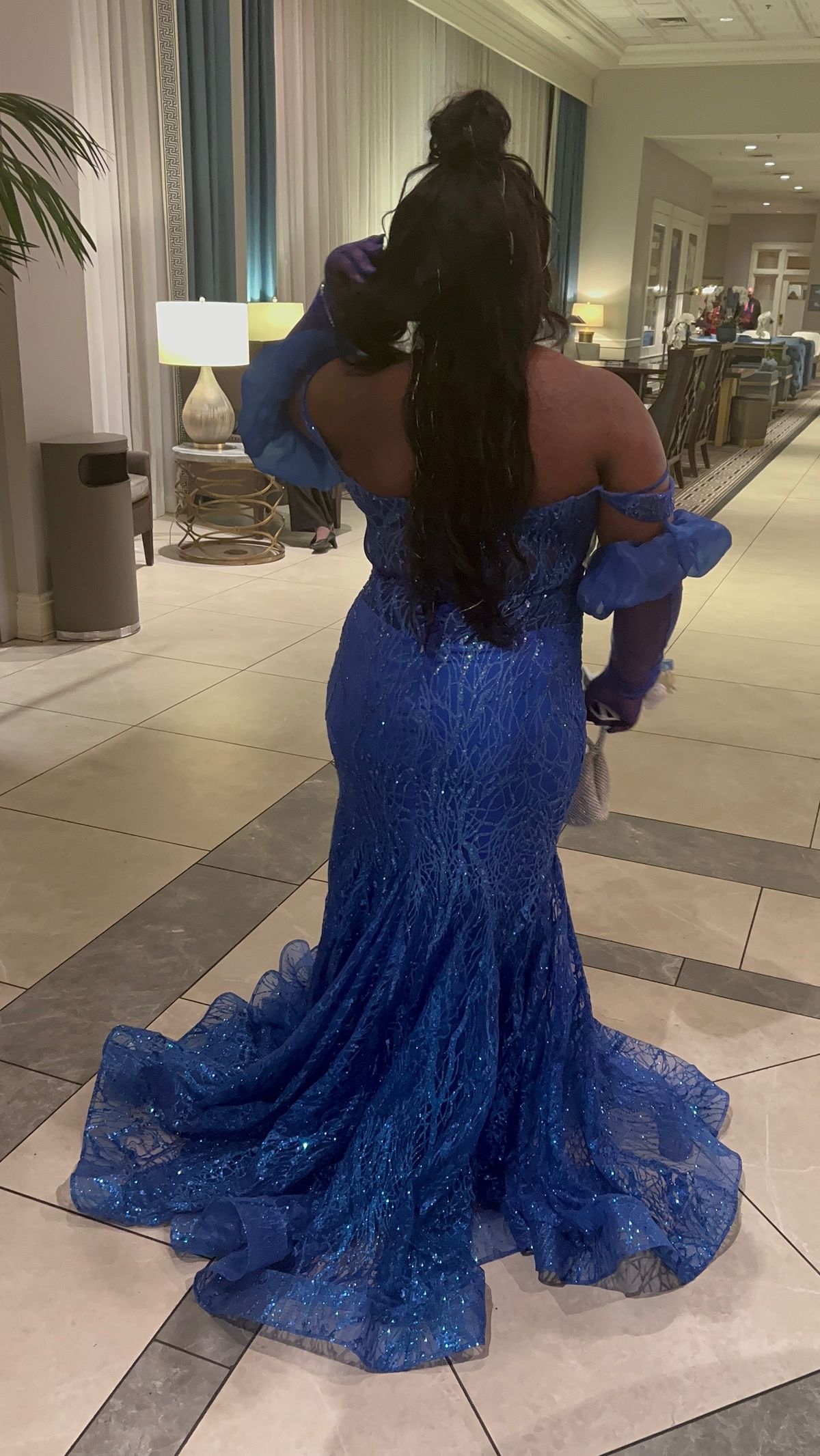 Plus Size 18 Prom Off The Shoulder Sequined Blue Mermaid Dress on Queenly