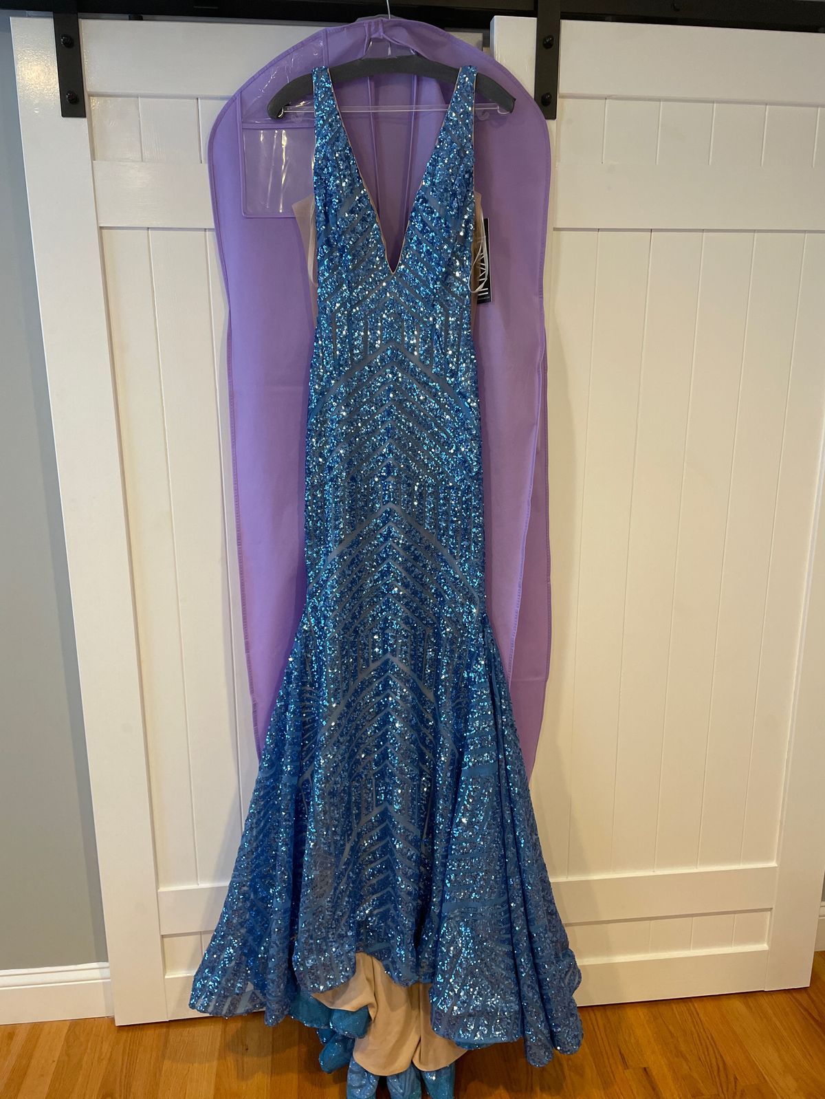 Jovani Size 6 Bridesmaid Plunge Sequined Light Blue Mermaid Dress on Queenly