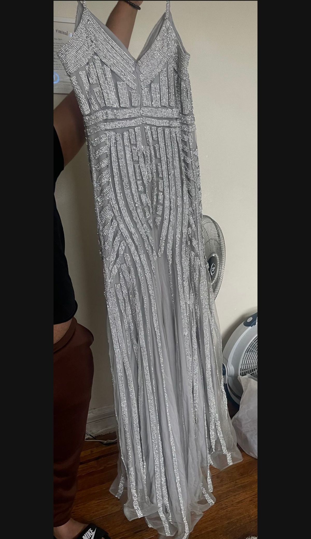 Size 14 Prom Sequined Silver Ball Gown on Queenly