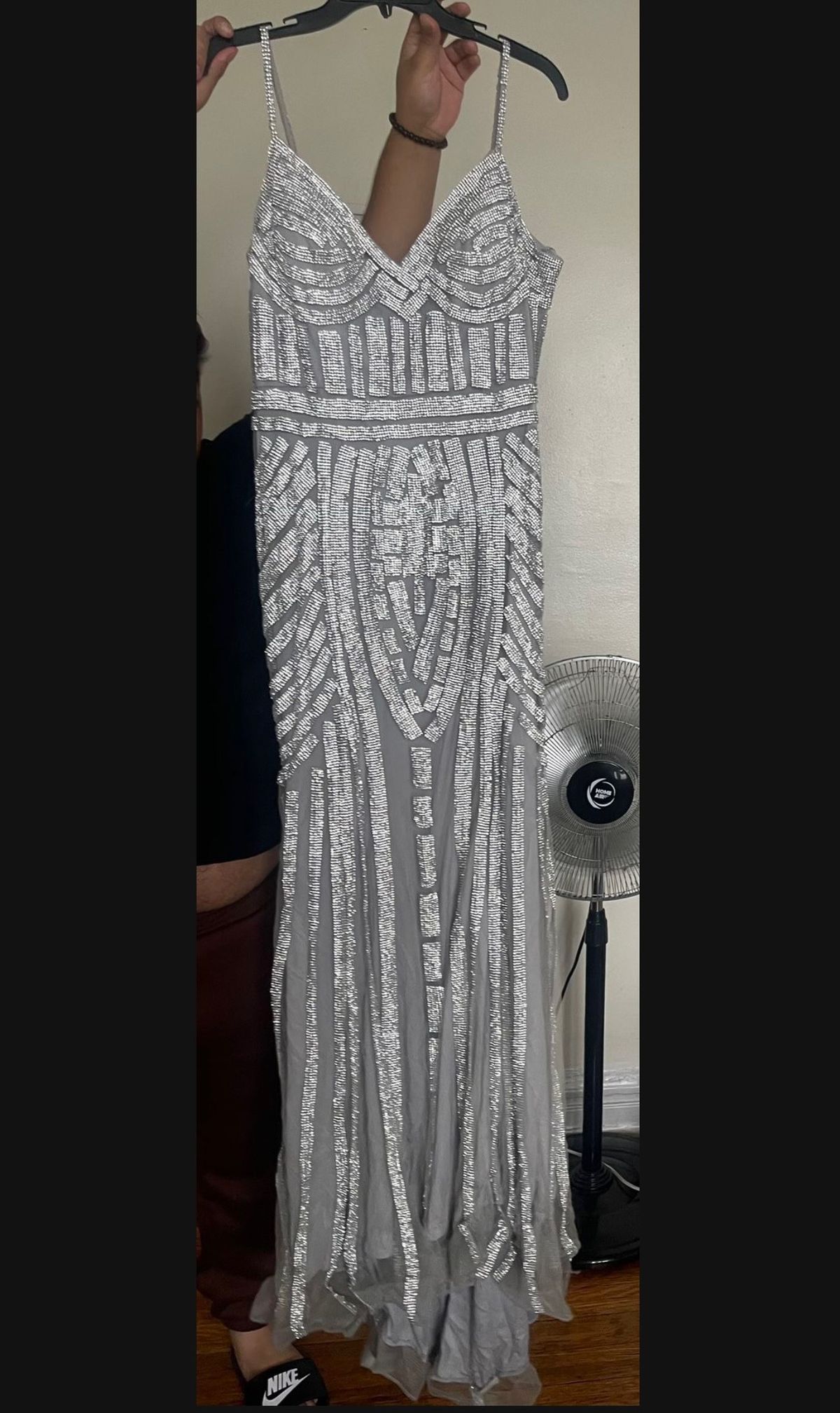 Size 14 Prom Sequined Silver Ball Gown on Queenly