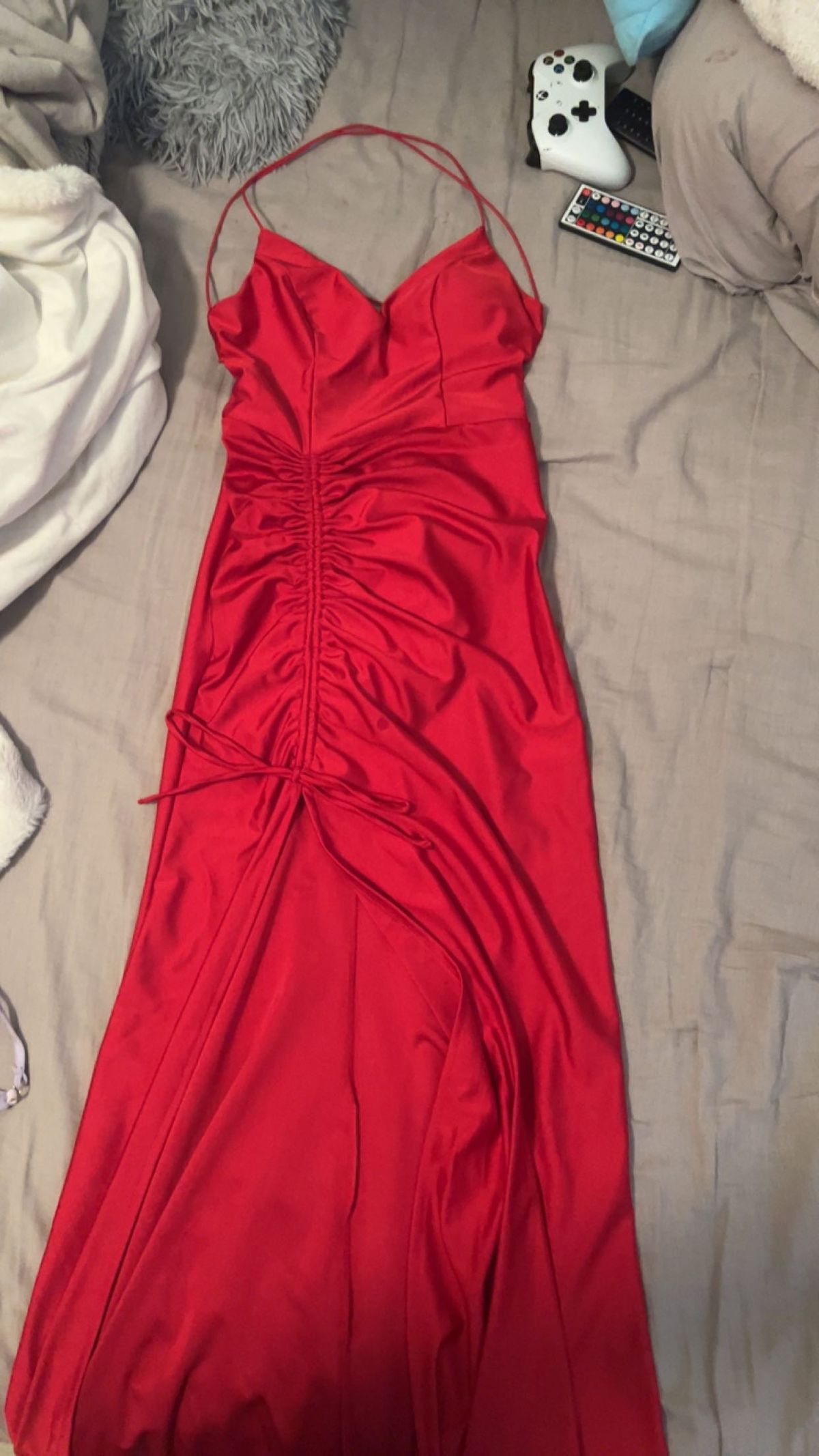 Size 4 Satin Red Side Slit Dress on Queenly
