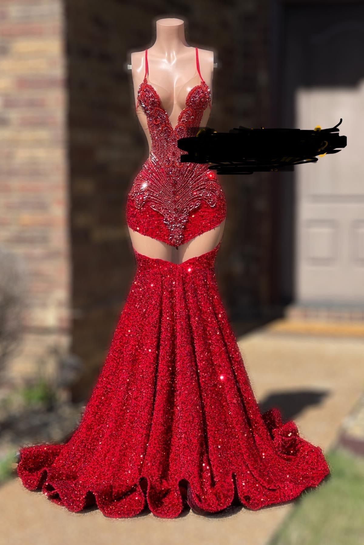 Elegant Red Mermaid Prom Dress with Rhinestone US 14 / Red