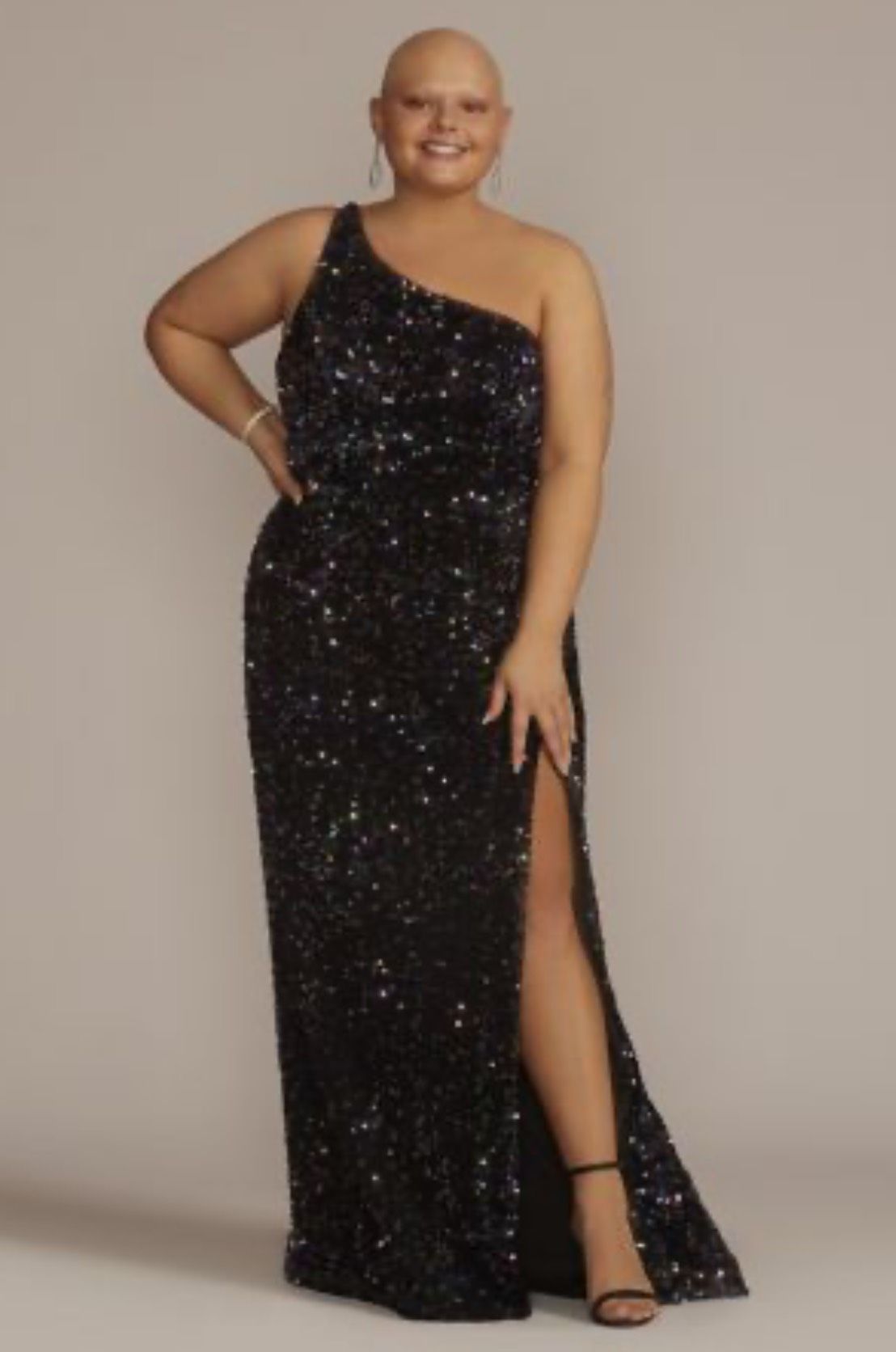 David's Bridal Plus Size 22 Prom Sequined Black Side Slit Dress on Queenly