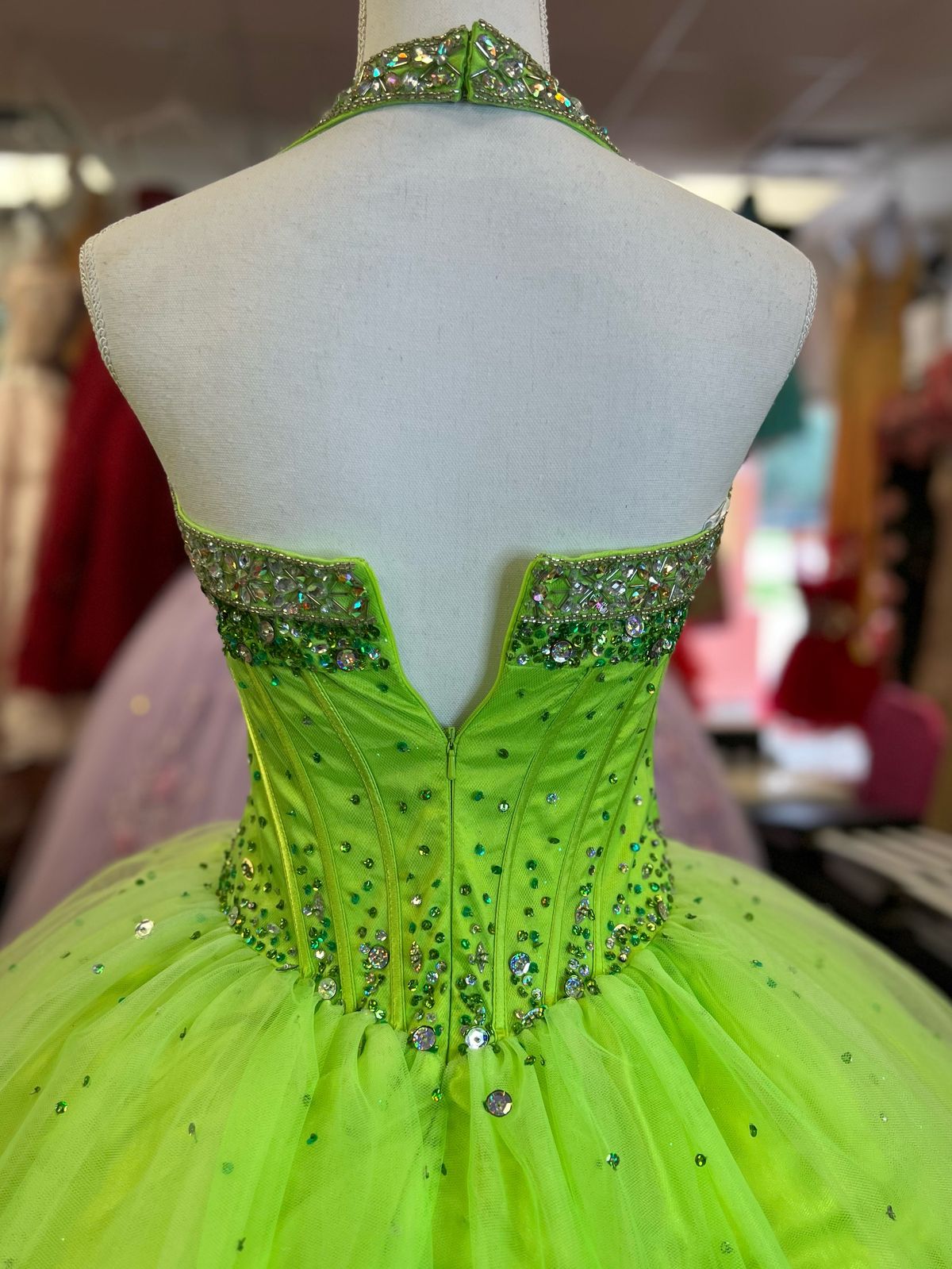 Size 4 Halter Sequined Green Ball Gown on Queenly