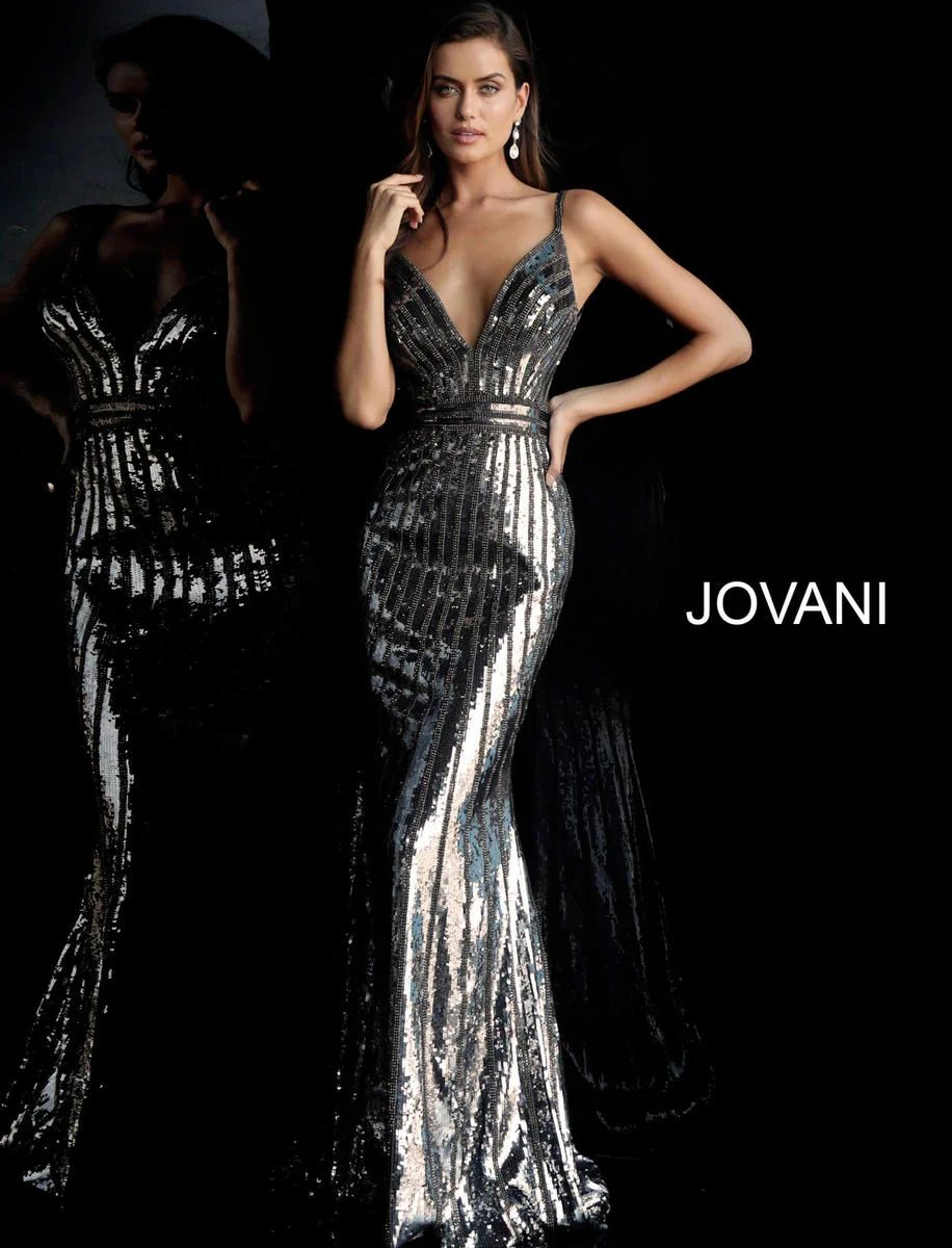 Style 62487 Jovani Size 2 Plunge Sequined Silver Floor Length Maxi on Queenly