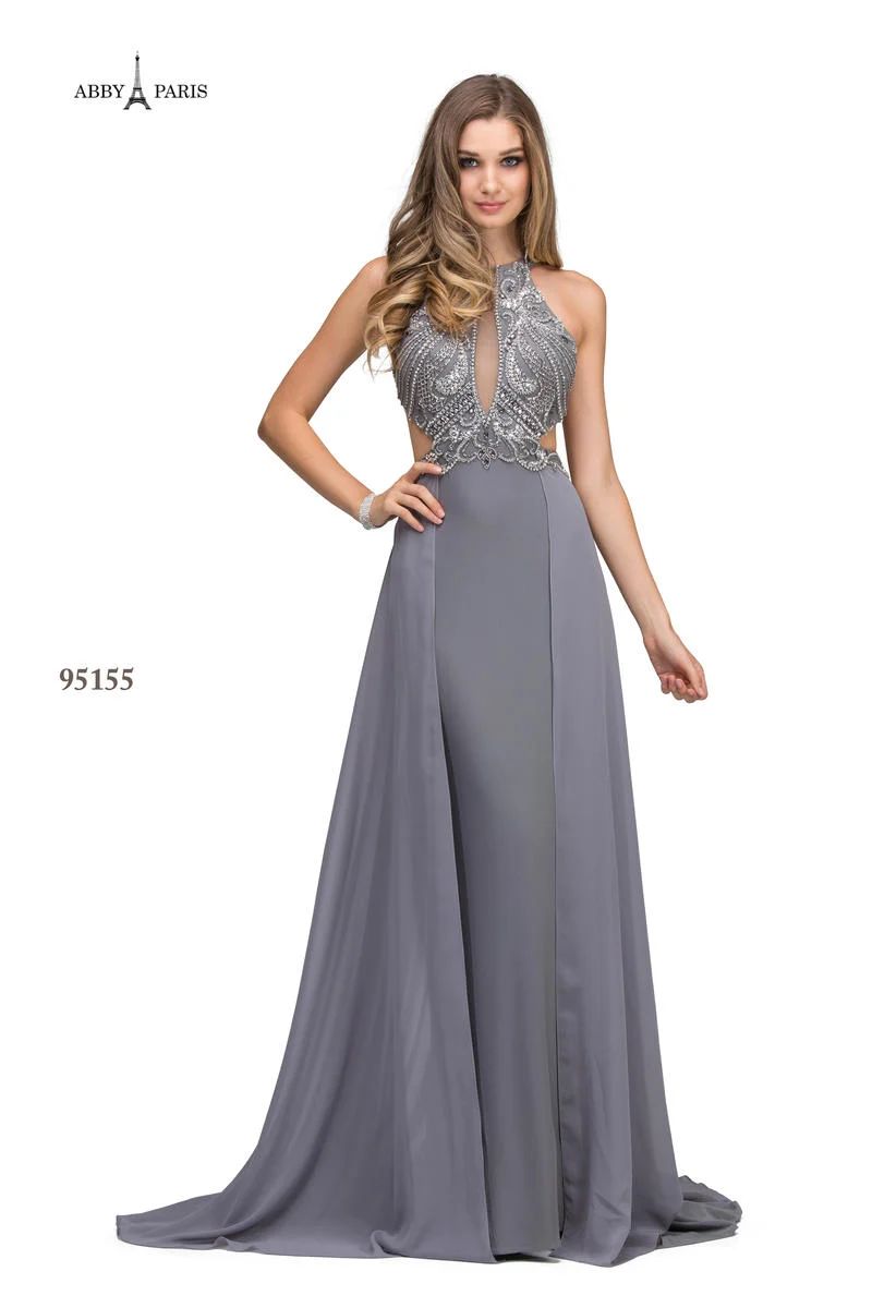 Style 95155 Abby Paris Size 8 Halter Silver Dress With Train on Queenly
