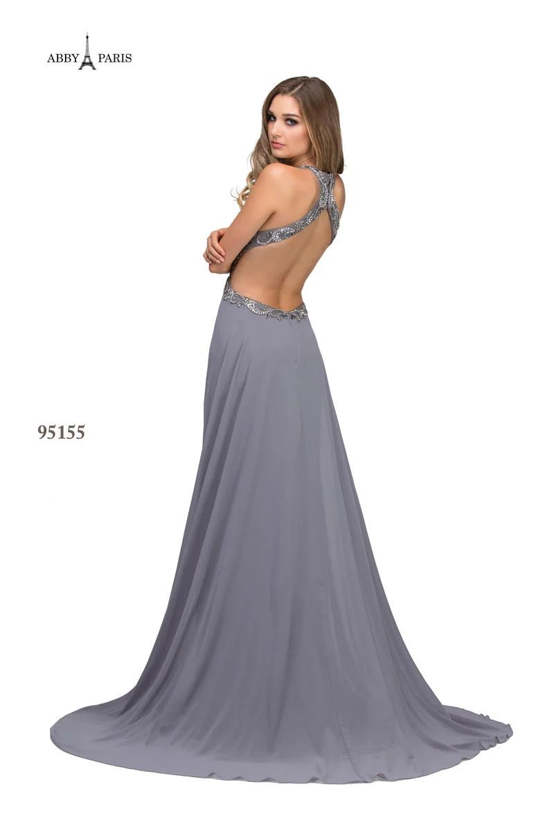 Style 95155 Abby Paris Size 8 Halter Silver Dress With Train on Queenly