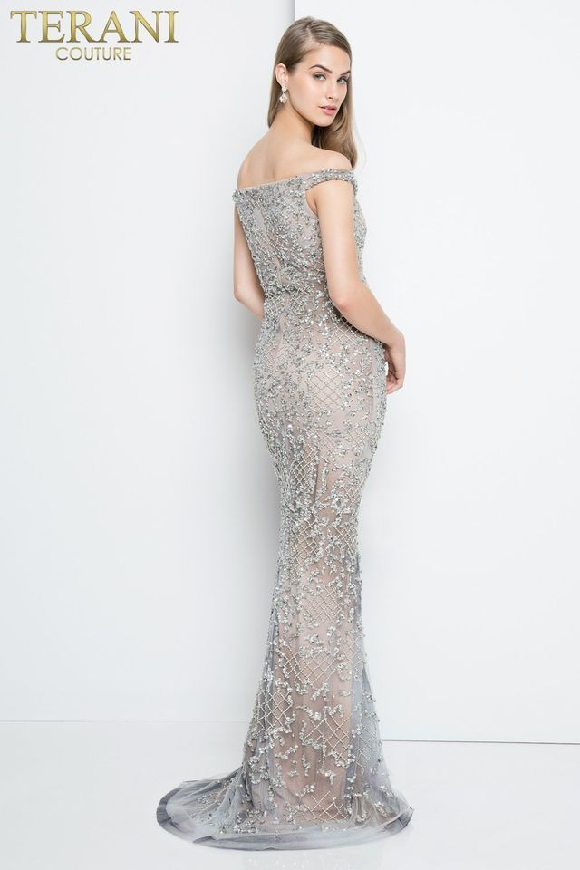 Style 1811P5261 Terani Couture Size 4 Prom Off The Shoulder Sequined Silver Side Slit Dress on Queenly