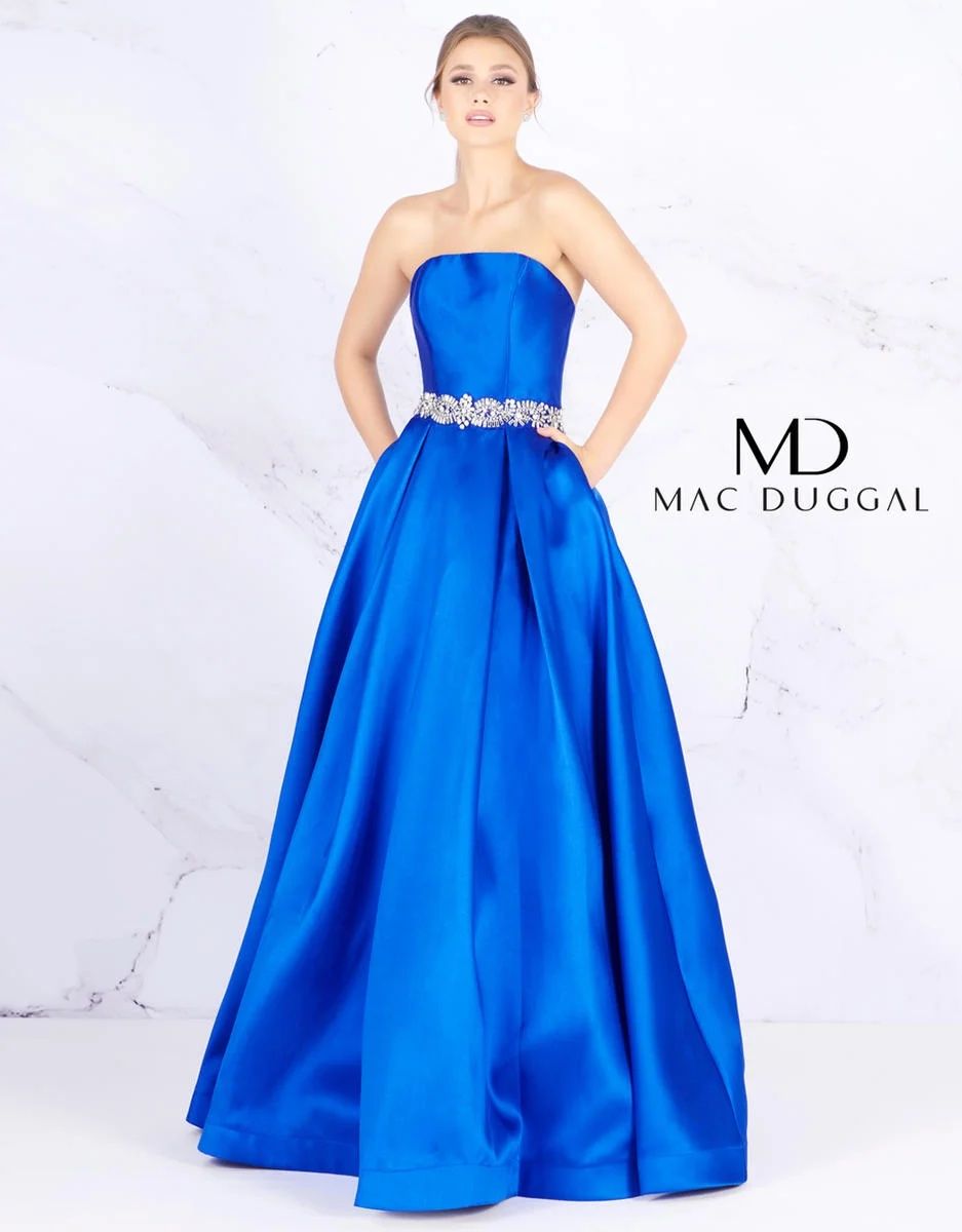 Style 66326H Mac Duggal Size 12 Strapless Satin Blue A-line Dress on Queenly