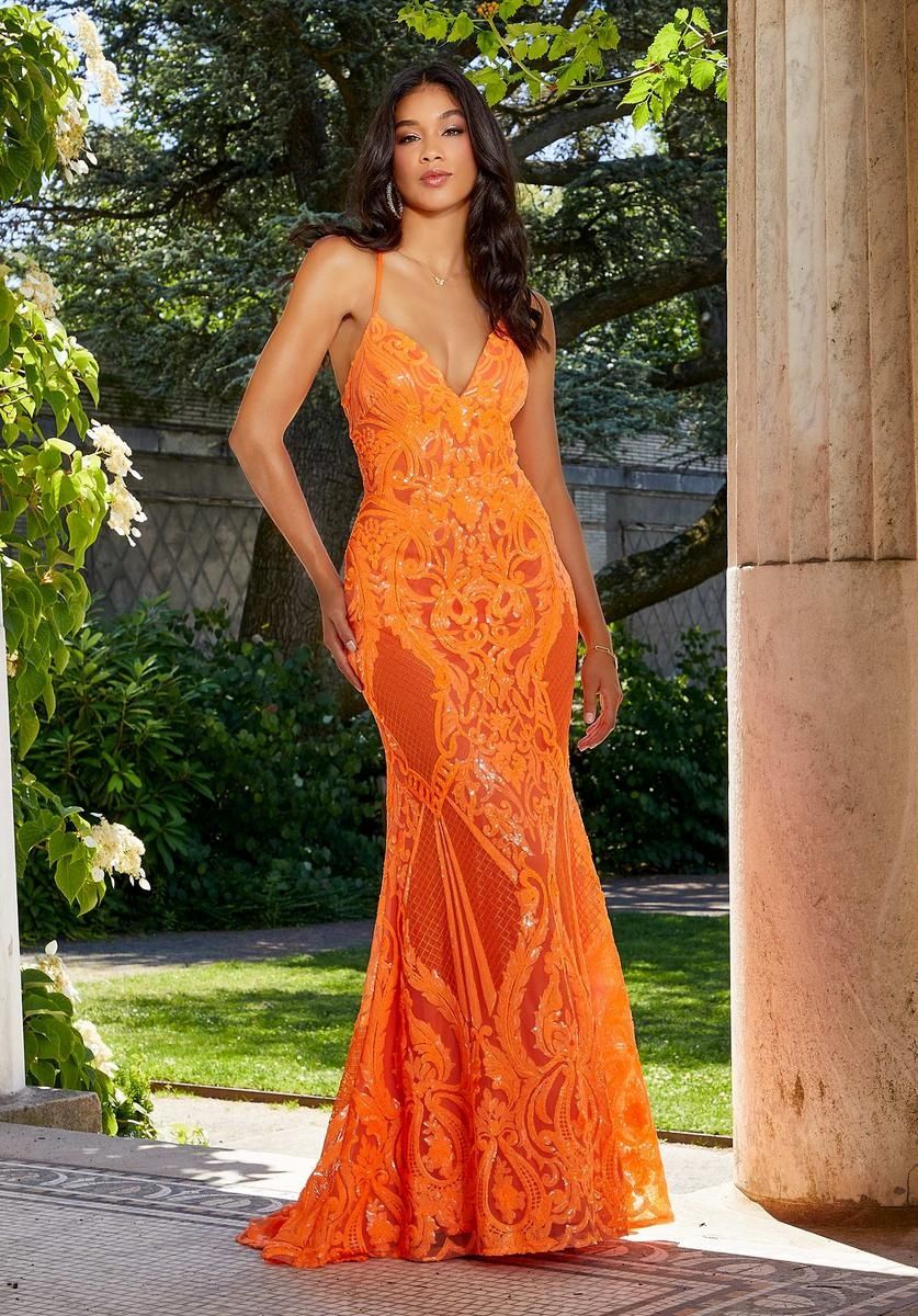 Style 43032 MoriLee Size 12 Pageant Sequined Orange Mermaid Dress on Queenly