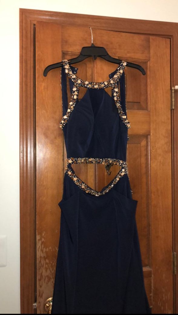 Style 46099 Tiffany Exclusives Size 4 Prom Halter Sequined Navy Blue Mermaid Dress on Queenly