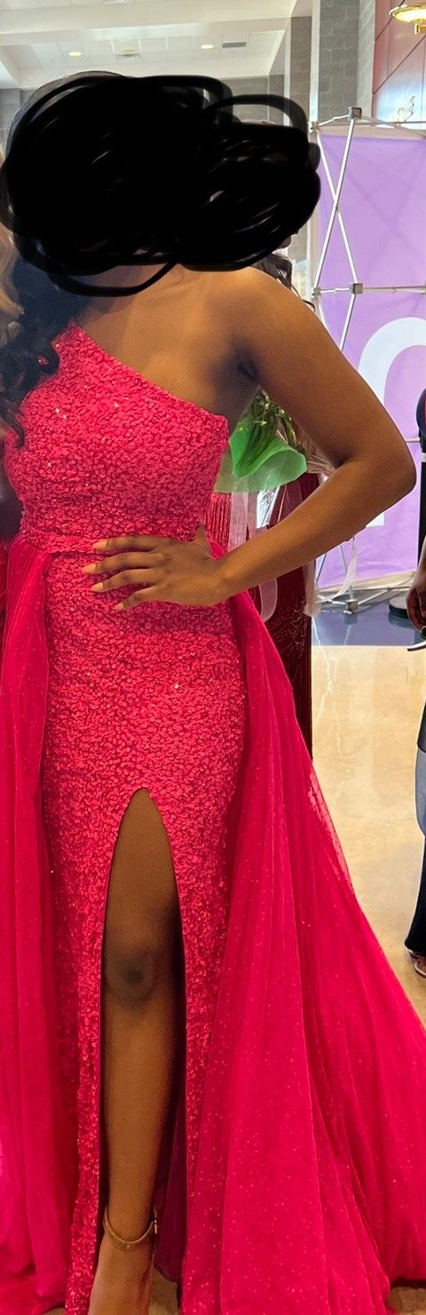 Sherri Hill Size 6 Prom One Shoulder Sequined Hot Pink A-line Dress on Queenly
