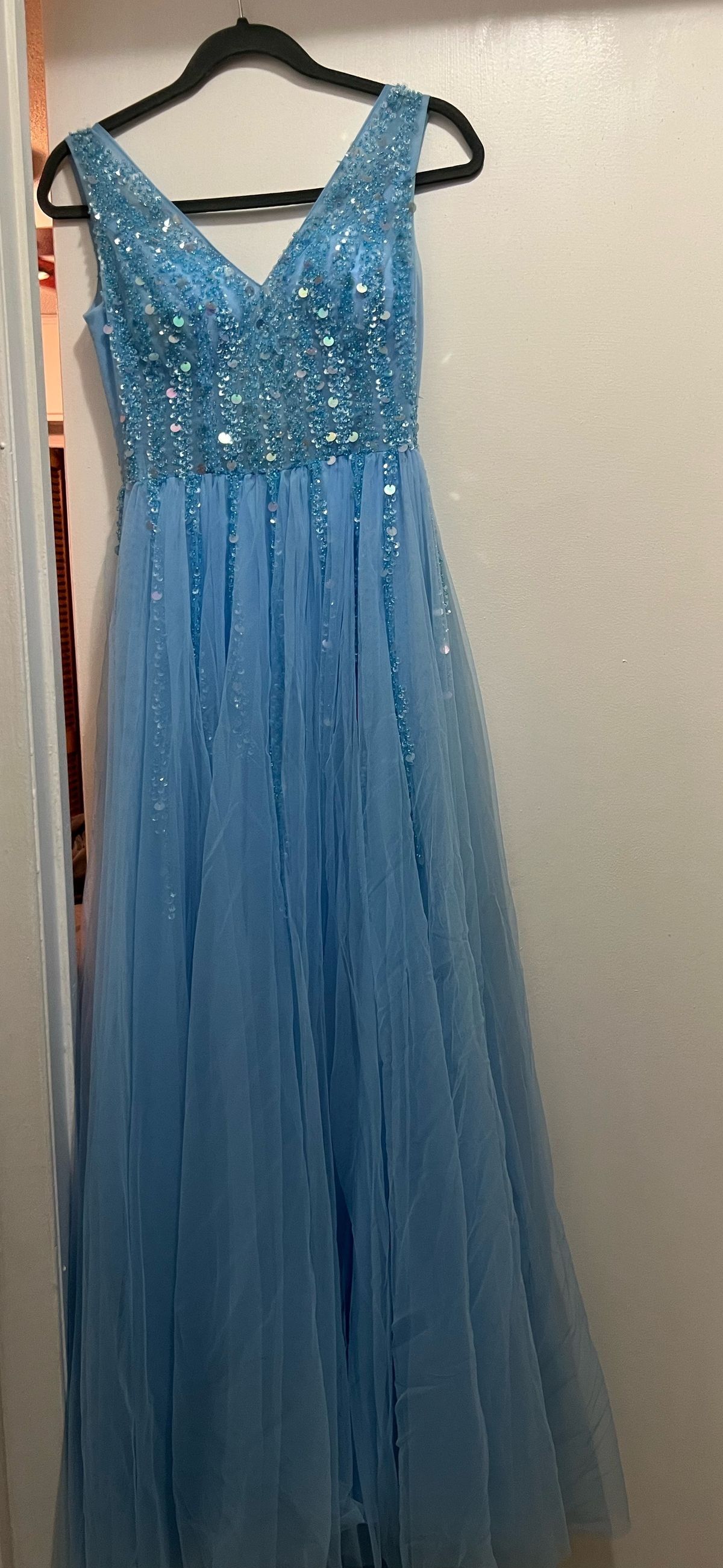 Size 0 Bridesmaid Strapless Sequined Light Blue Side Slit Dress on Queenly