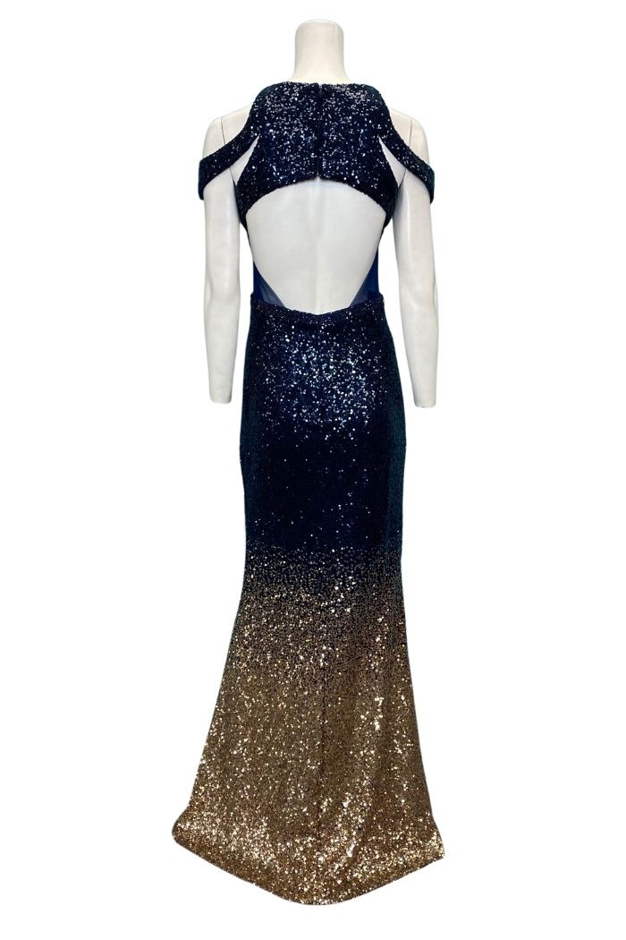 Style 3299 Dave and Johnny Size 4 Cap Sleeve Sequined Navy Blue Floor Length Maxi on Queenly