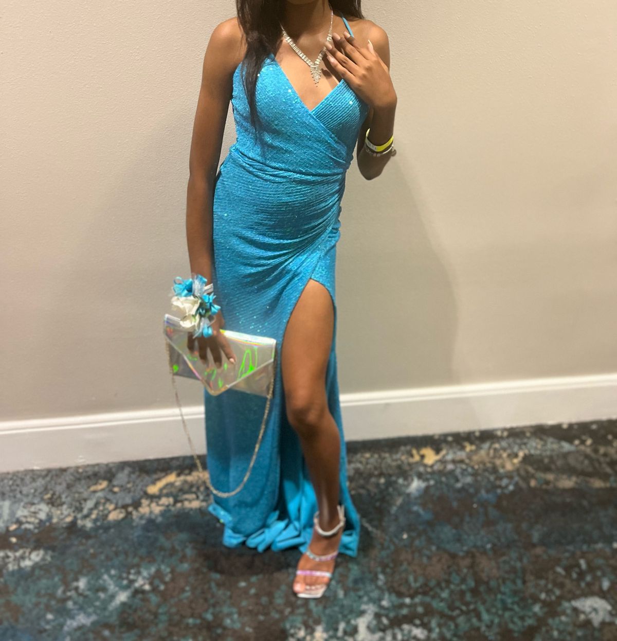 La Femme Size 0 Prom Sequined Light Blue Side Slit Dress on Queenly