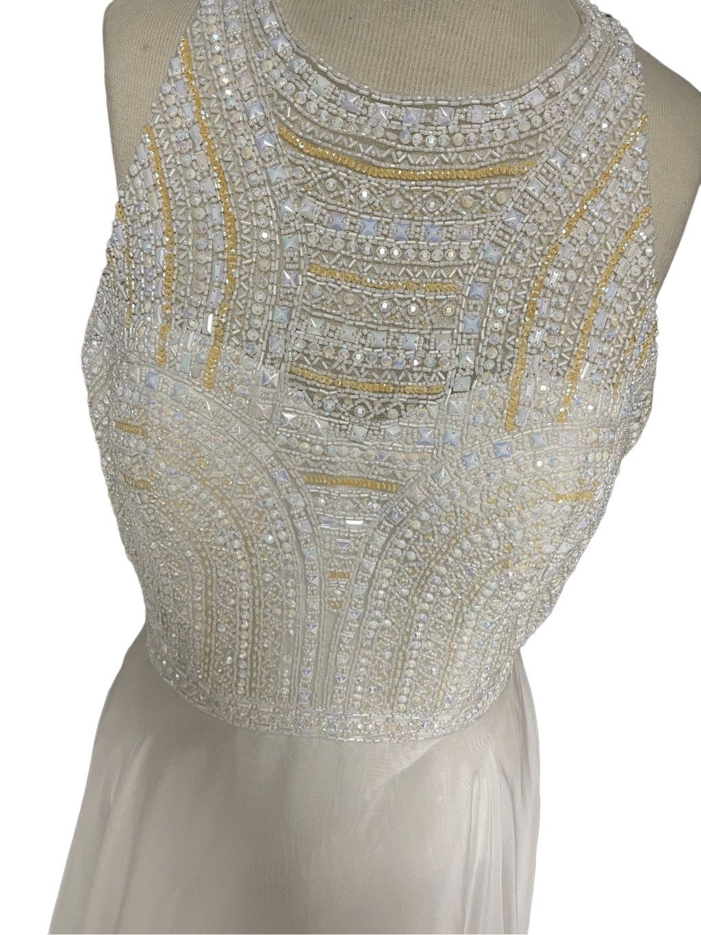 Chemille Size 12 Wedding High Neck Sequined White A-line Dress on Queenly