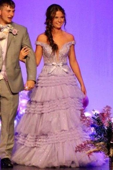 Sherri Hill Size 4 Prom Off The Shoulder Sequined Light Purple Ball Gown on Queenly