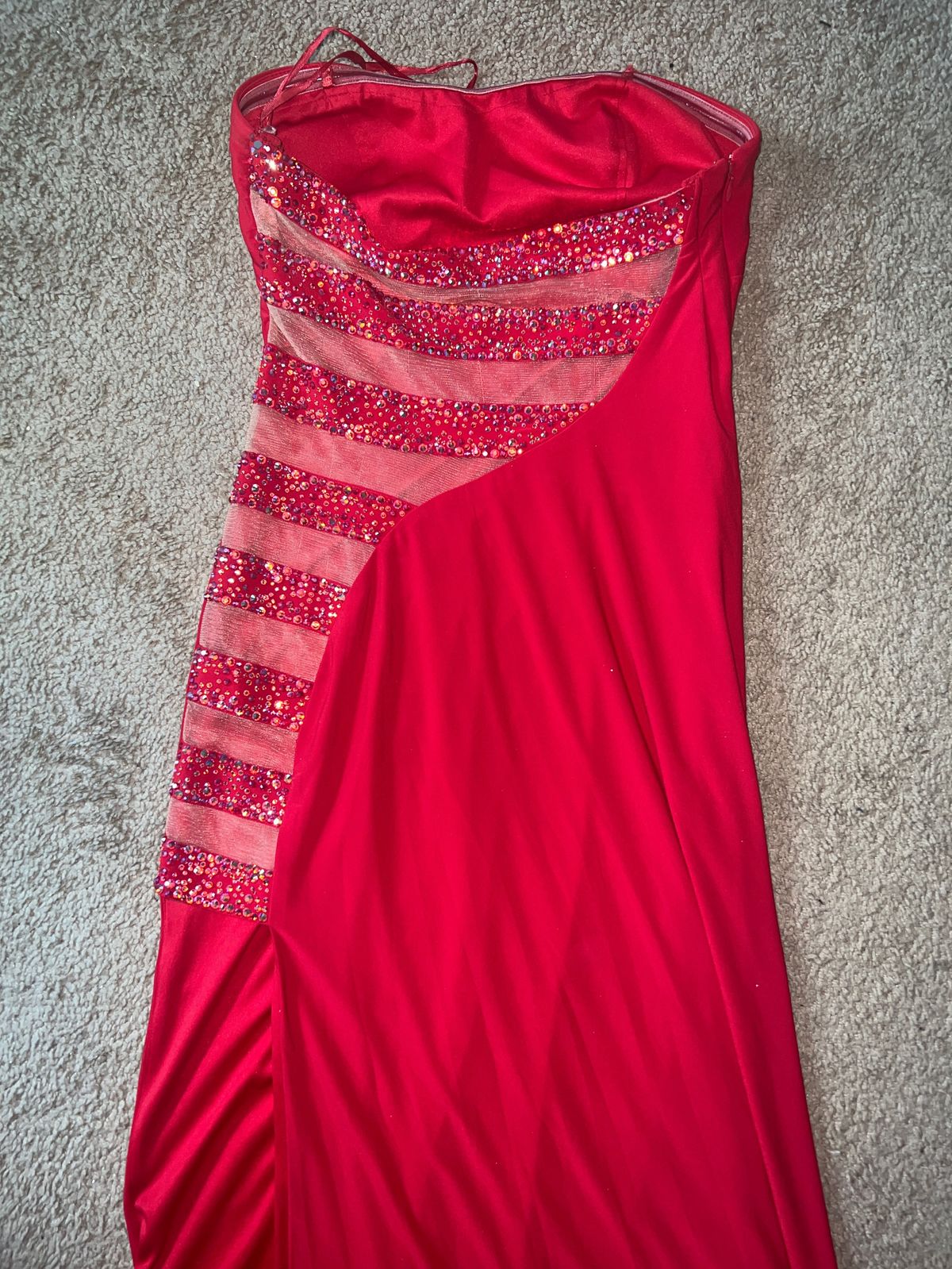Size 6 Prom Sheer Red Side Slit Dress on Queenly