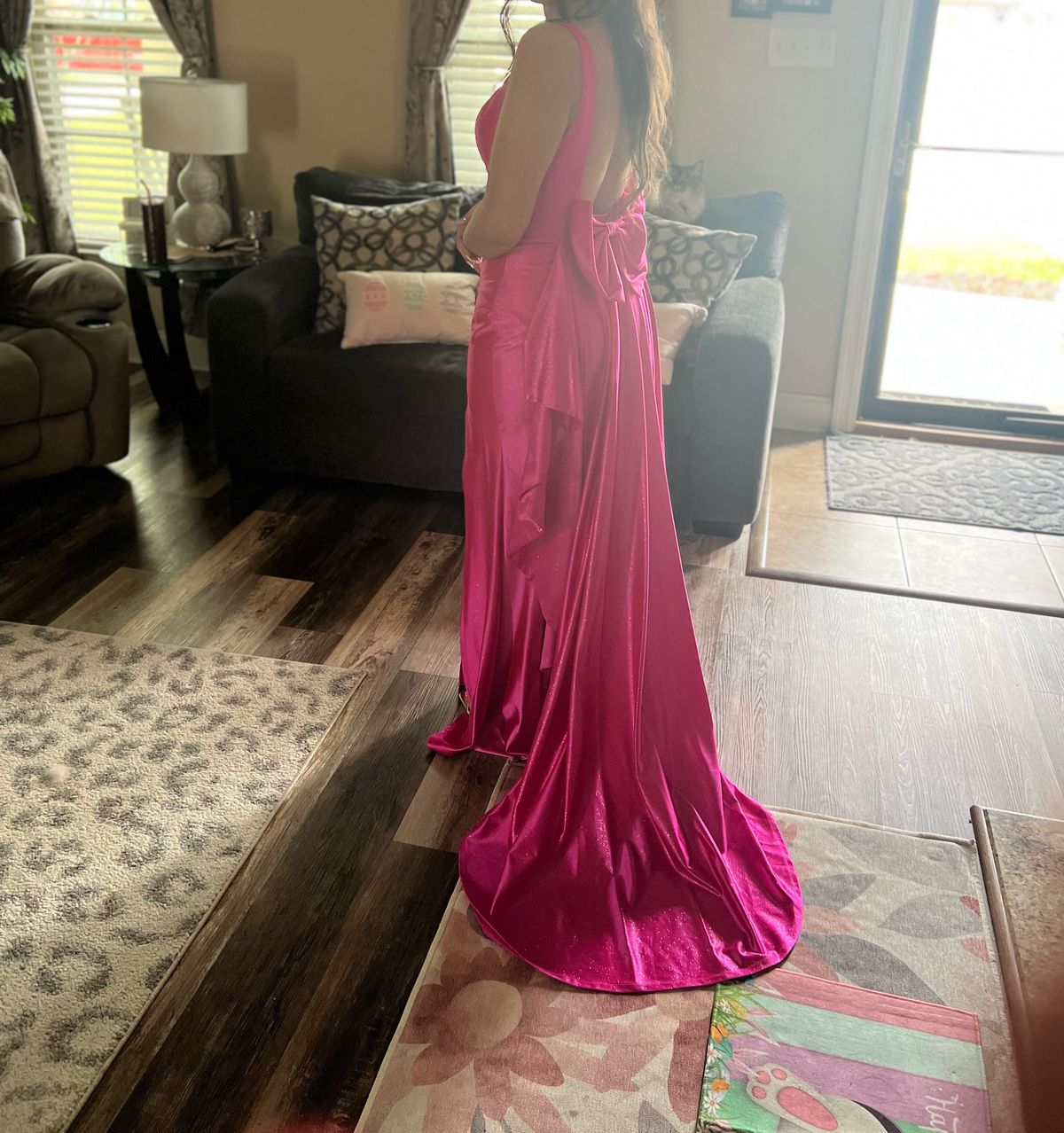 Size 10 Prom Plunge Satin Hot Pink Dress With Train on Queenly