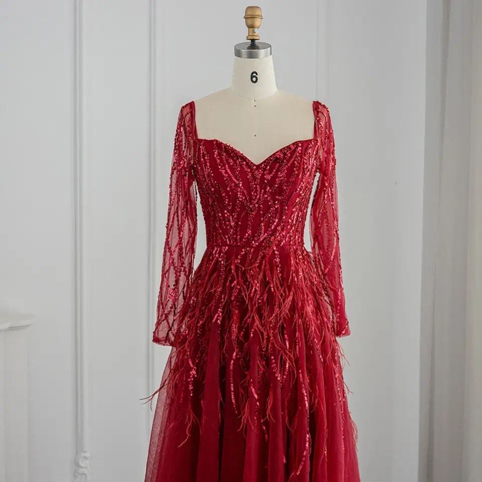 Size 6 Prom Long Sleeve Red Ball Gown on Queenly
