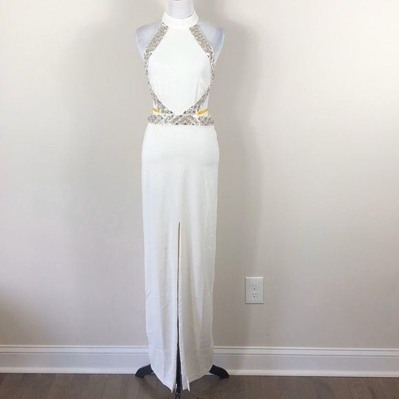 NBD NICOLINA Size 10 Prom High Neck Sequined White A-line Dress on Queenly