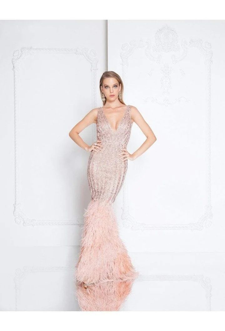 Style 1811GL6414 Terani Couture Size 10 Plunge Pink Mermaid Dress on Queenly