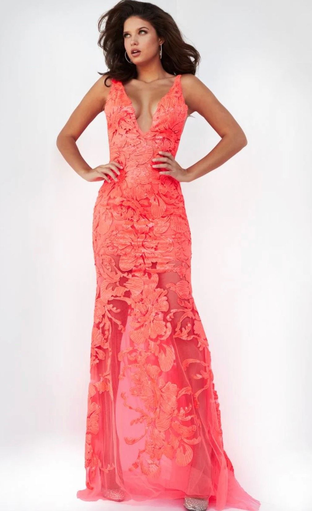 Jovani Size 0 Prom Plunge Lace Orange Floor Length Maxi on Queenly