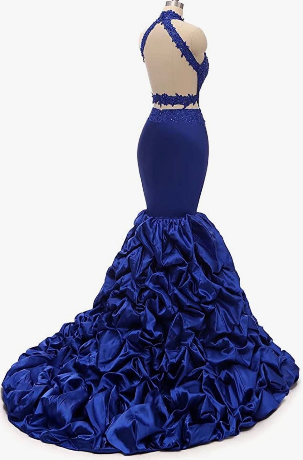 Size M Prom Halter Sheer Royal Blue Mermaid Dress on Queenly