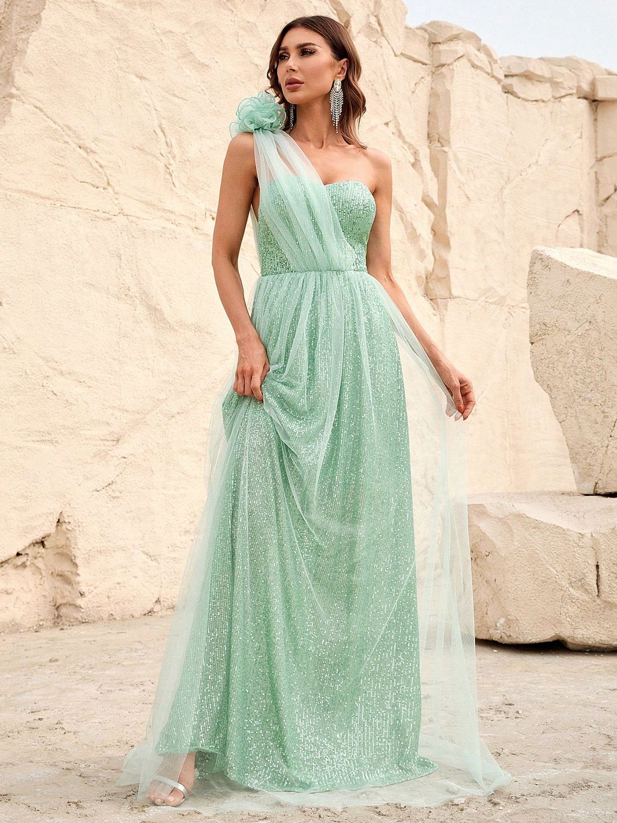 Style FSWD0909 Faeriesty Size S One Shoulder Sheer Light Green A-line Dress on Queenly