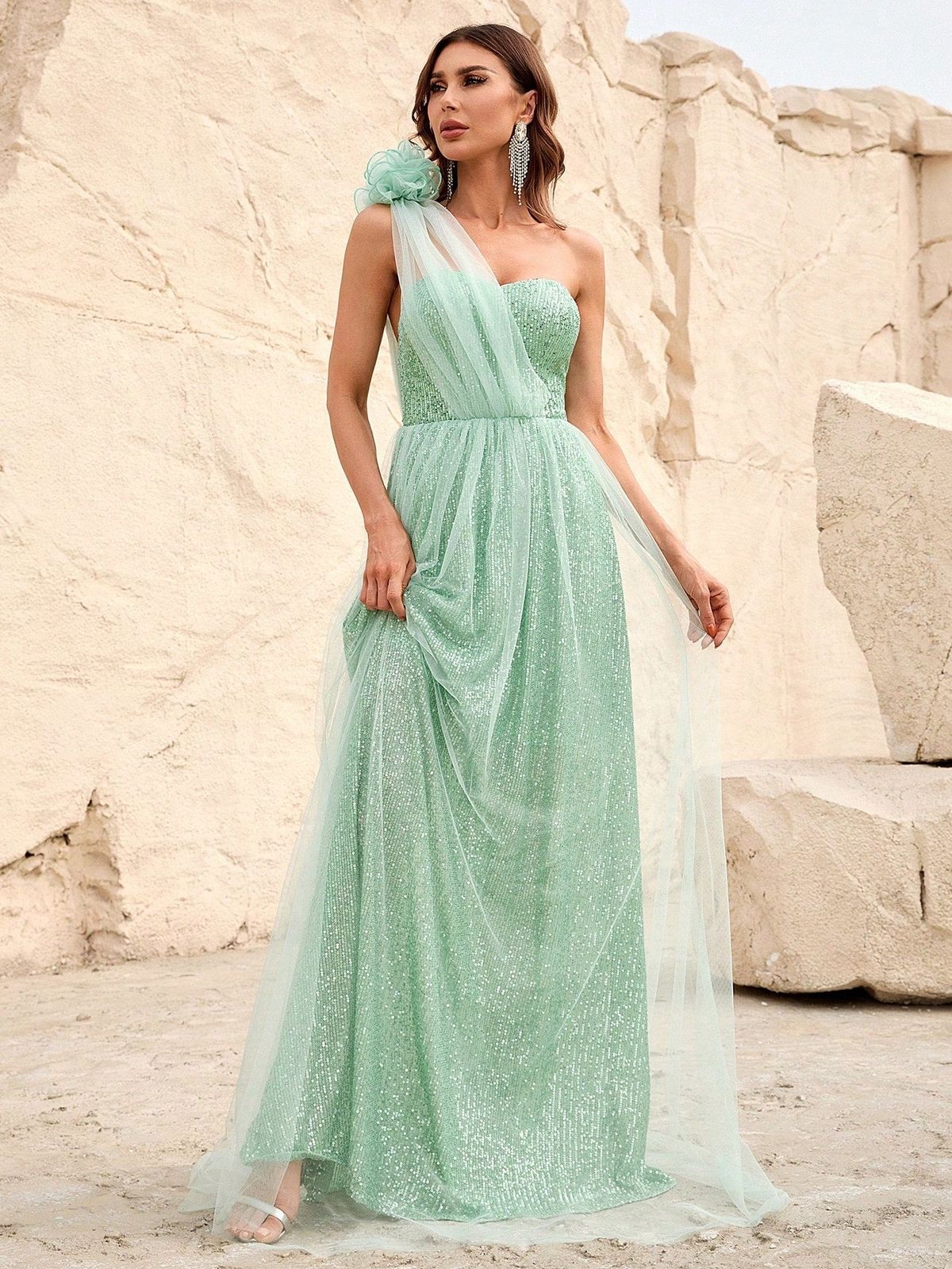 Style FSWD0909 Faeriesty Size M One Shoulder Sheer Light Green A-line Dress on Queenly