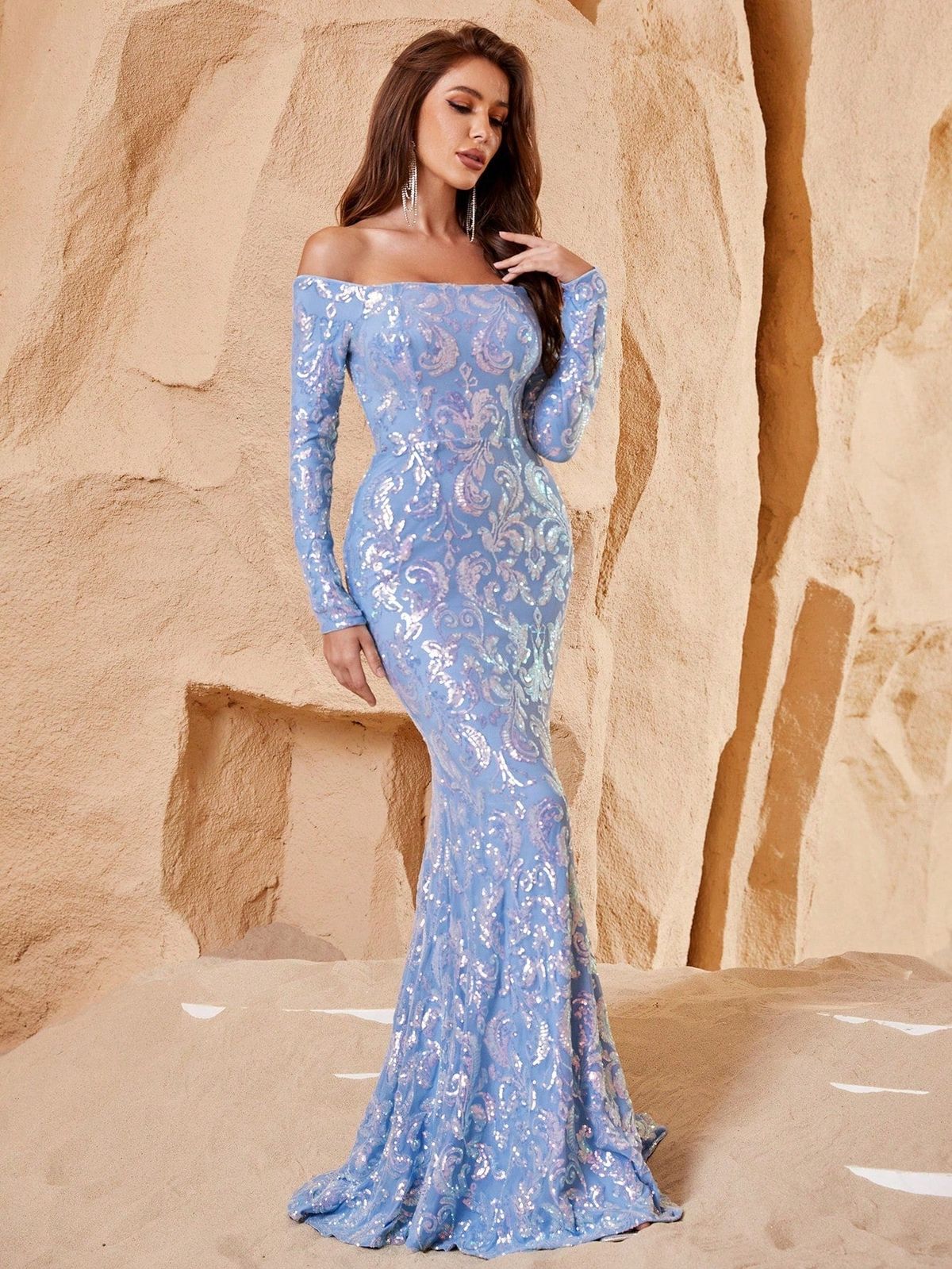 Style FSWD1132 Faeriesty Size L Prom Long Sleeve Blue Mermaid Dress on Queenly