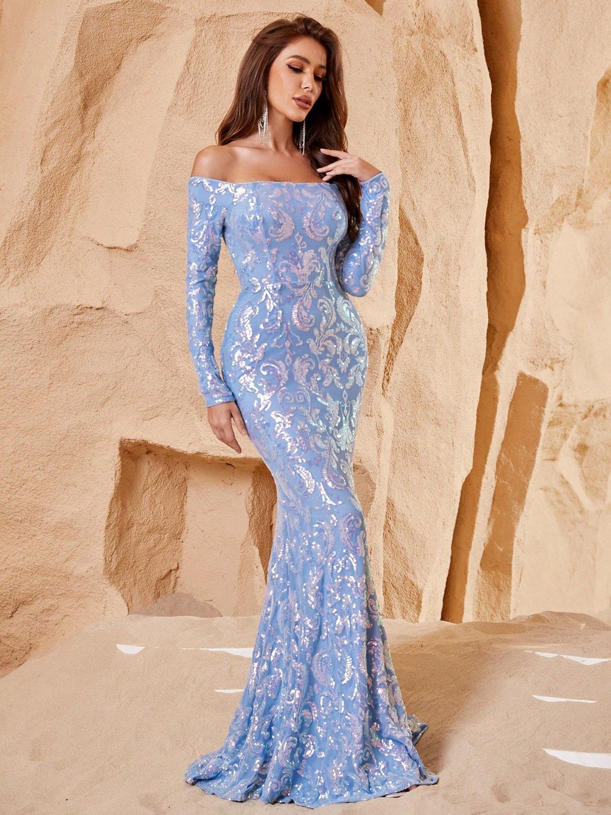 Style FSWD1132 Faeriesty Size XL Prom Long Sleeve Blue Mermaid Dress on Queenly