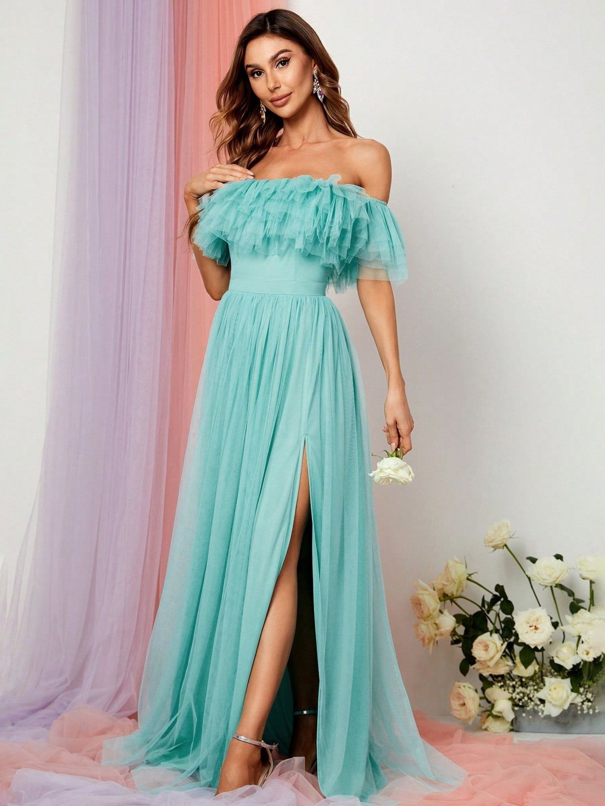 Style FSWD1087 Faeriesty Size XS Off The Shoulder Sheer Light Green A-line Dress on Queenly